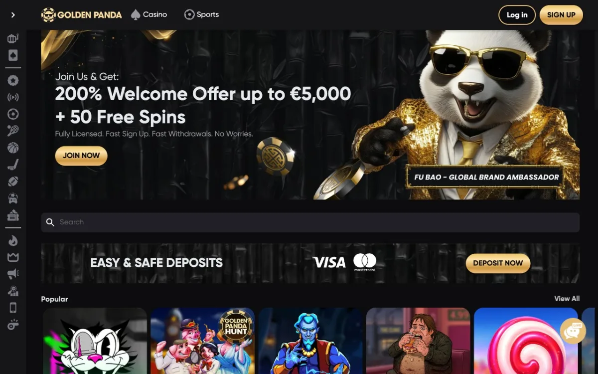 Hero homepage Golden Panda Casino : welcome 200% jusqu'à 5 000€ + 50 free spins
