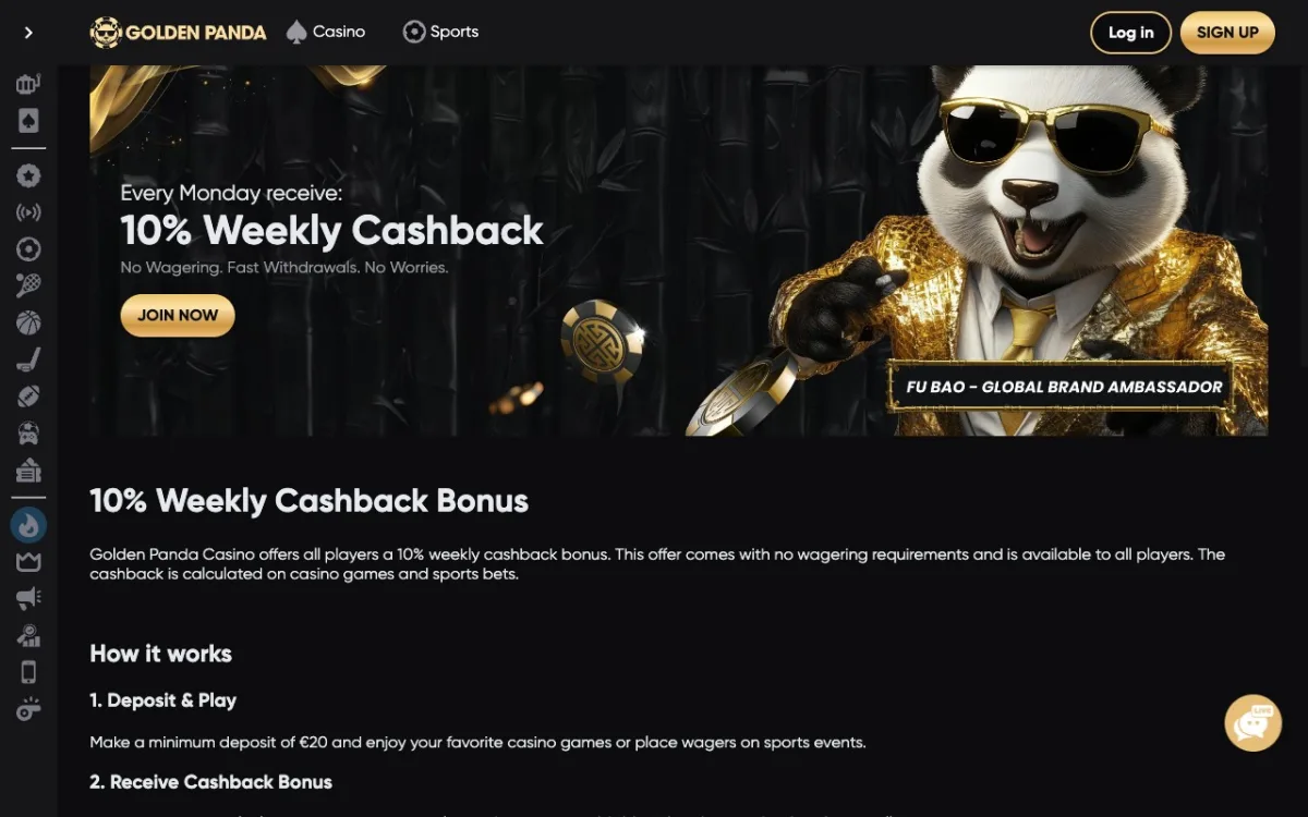 Page cashback Golden Panda : 10% hebdomadaire no-wager