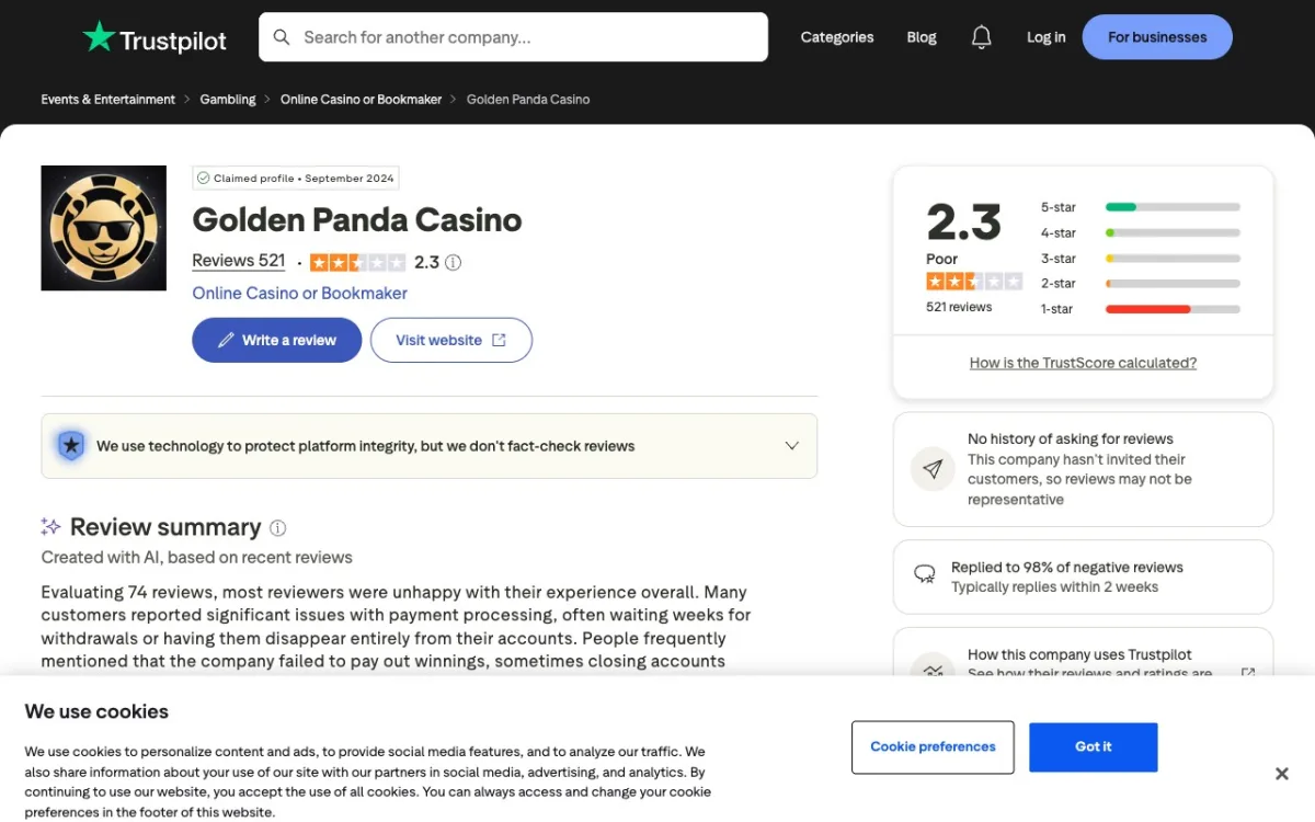Profil Trustpilot Golden Panda Casino : note 2,3 sur 5 sur 520 avis