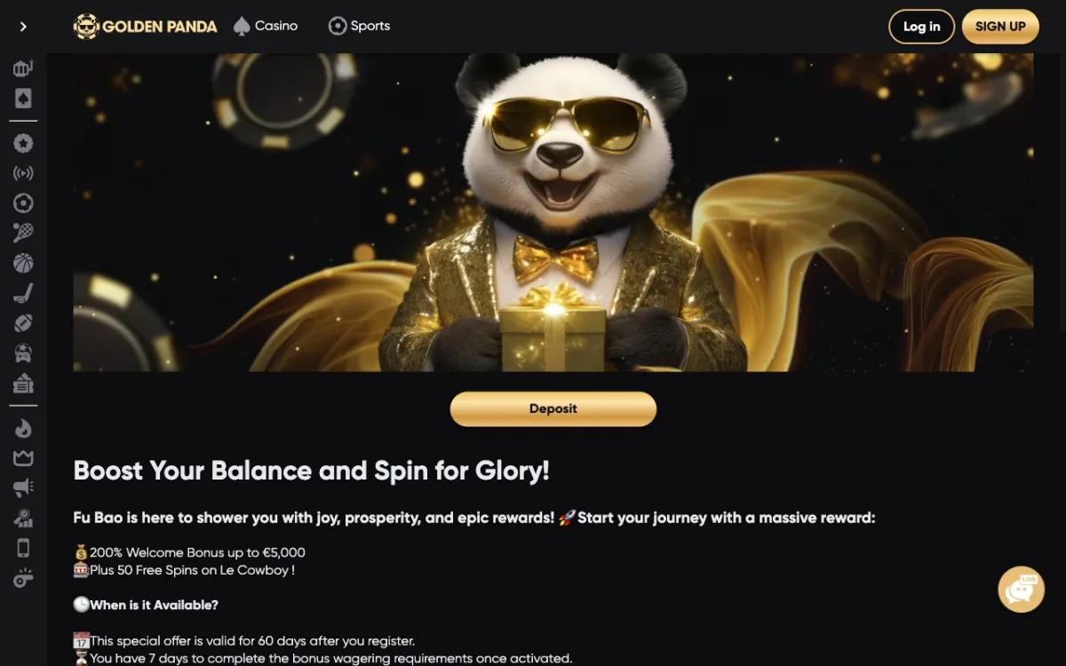 Page welcome offer Golden Panda : 200% jusqu&rsquo;à 5 000 € + 50 free spins