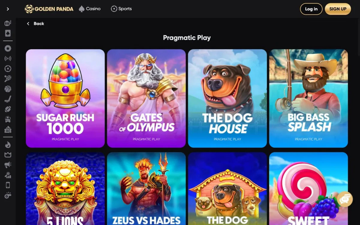 Page catalogue Pragmatic Play sur Golden Panda Casino